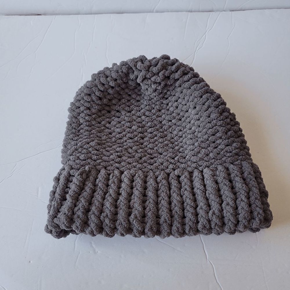 Hand made gray crochet cable knit beanie hat one size